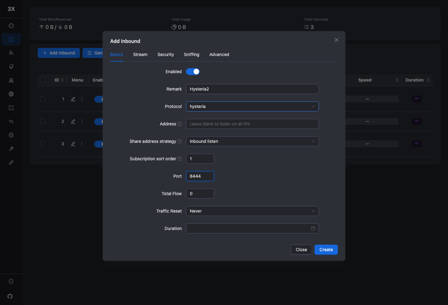 Поля Hysteria2: Version, UDP idle timeout, Masquerade