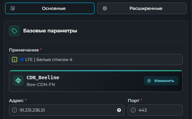 Beeline CDN: хост, вкладка «Основные»