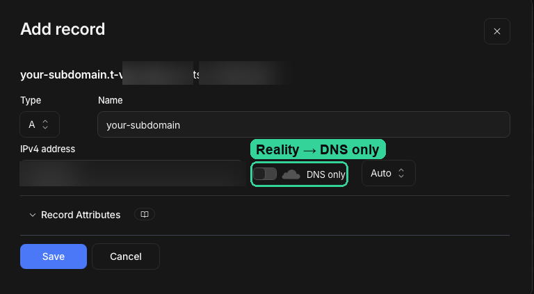 Cloudflare: создание A-записи с DNS only