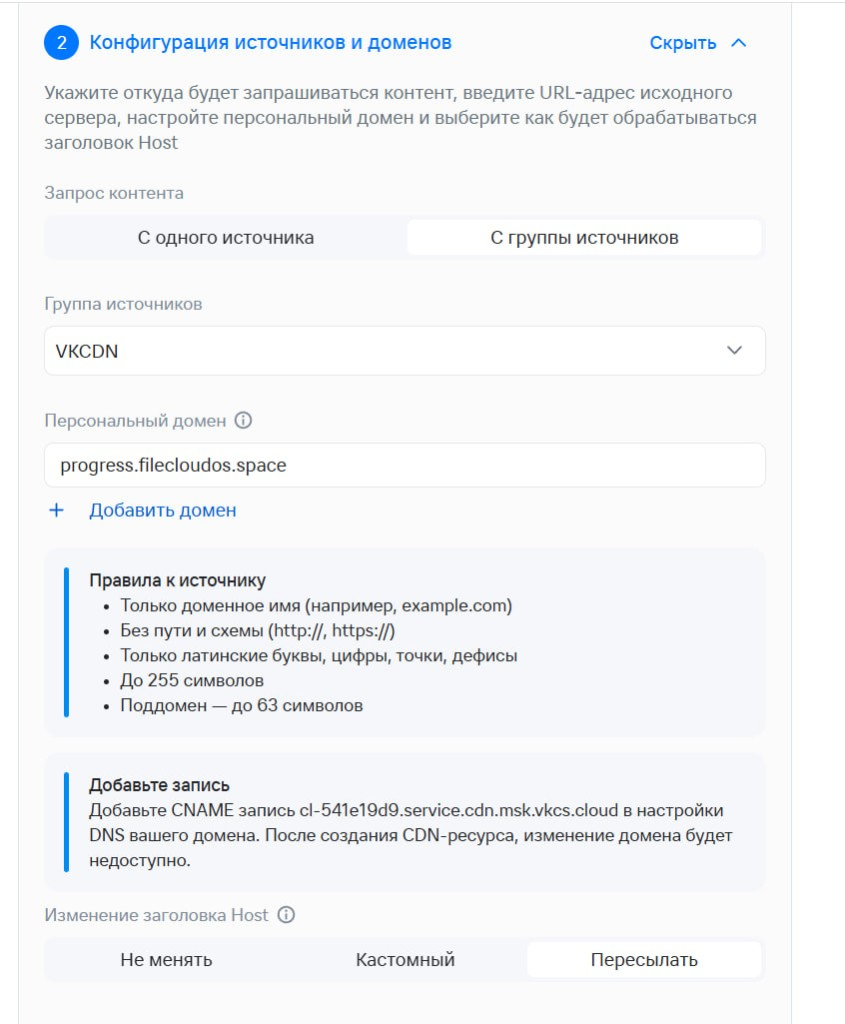Конфигурация: с группы источников + персональный домен + Host «Пересылать»